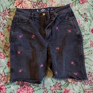 Hollister Women's Dark Denim Shorts with Pink Floral Accents